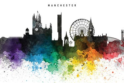 Manchester Skyline, Rainbow Style by WallDecorAddict framed wall art