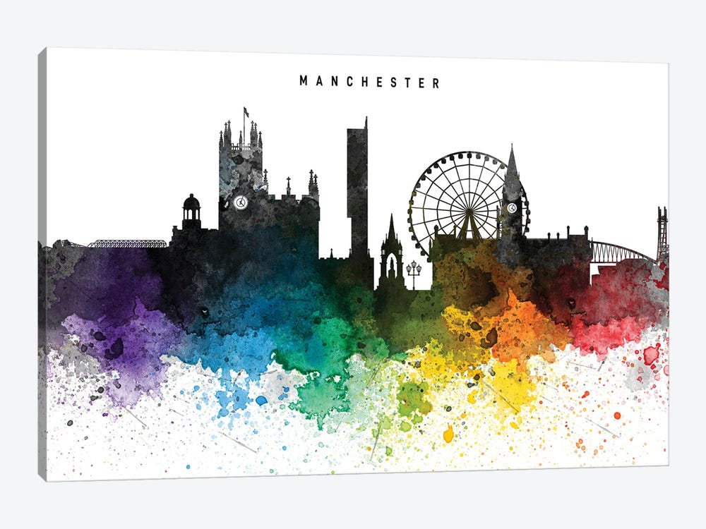 Manchester Skyline, Rainbow Style by WallDecorAddict 1-piece Canvas Artwork