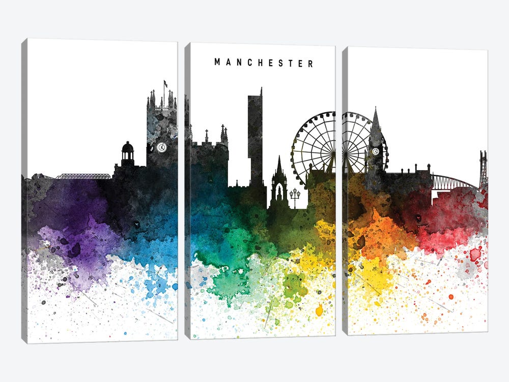 Manchester Skyline, Rainbow Style by WallDecorAddict 3-piece Canvas Wall Art