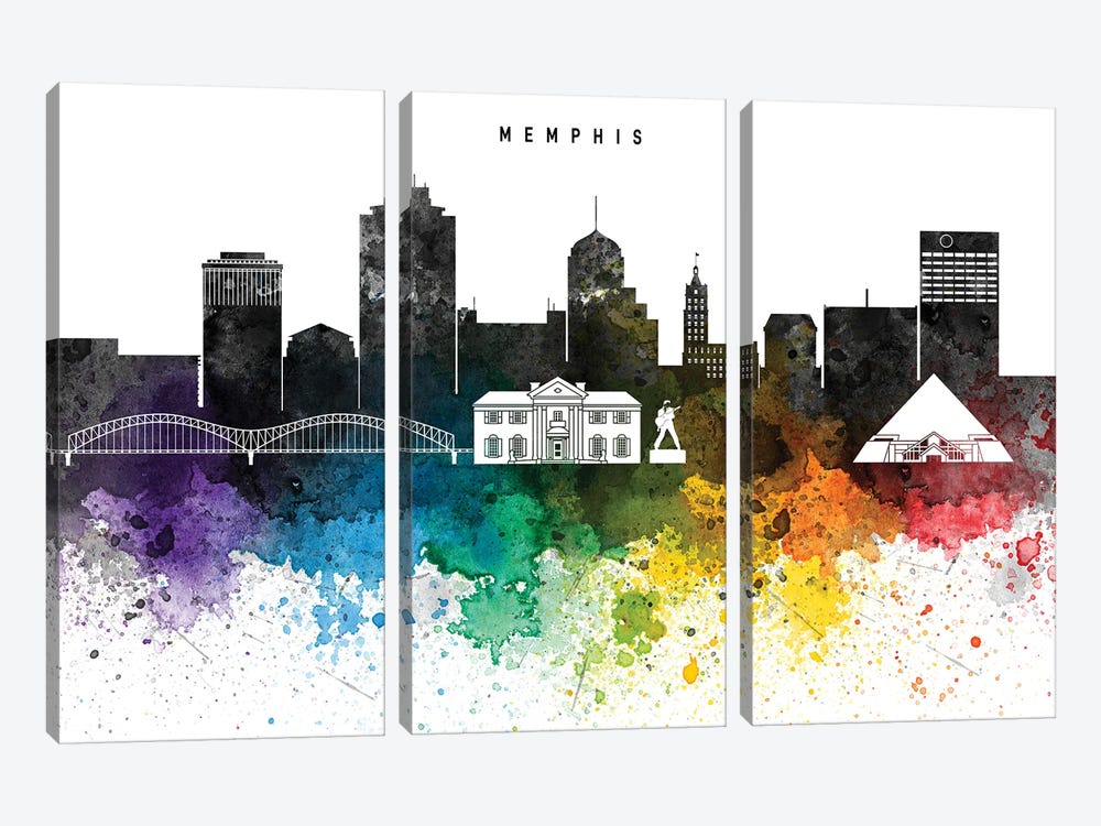 Memphis Skyline, Rainbow Style by WallDecorAddict 3-piece Canvas Print
