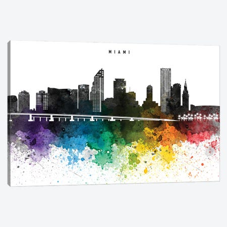 Miami Skyline, Rainbow Style Canvas Print #WDA2520} by WallDecorAddict Canvas Print