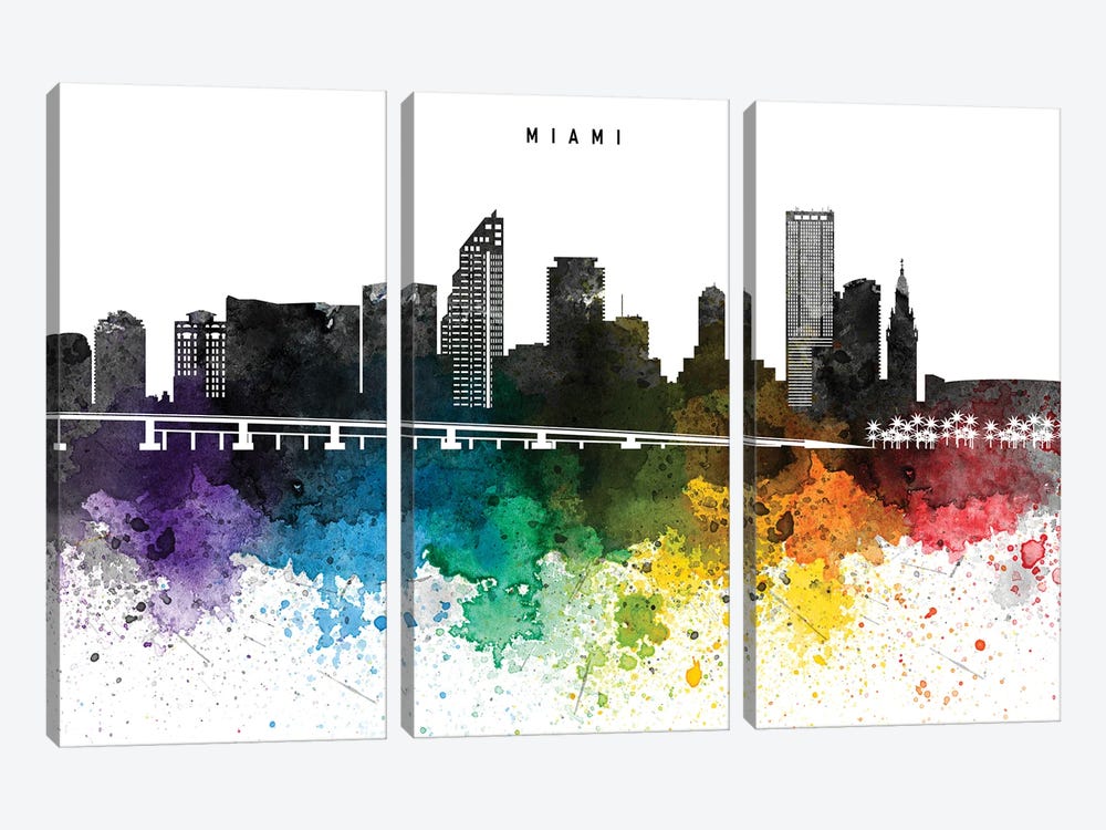 Miami Skyline, Rainbow Style by WallDecorAddict 3-piece Canvas Wall Art