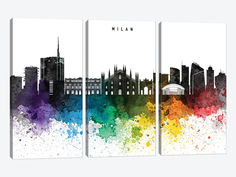 Milan Skyline, Rainbow Style by WallDecorAddict 3-piece Canvas Print