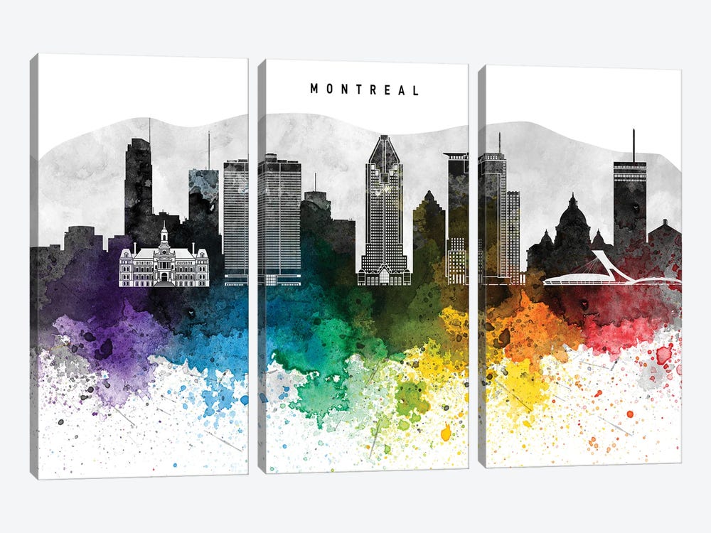 Montreal Skyline, Rainbow Style by WallDecorAddict 3-piece Canvas Art