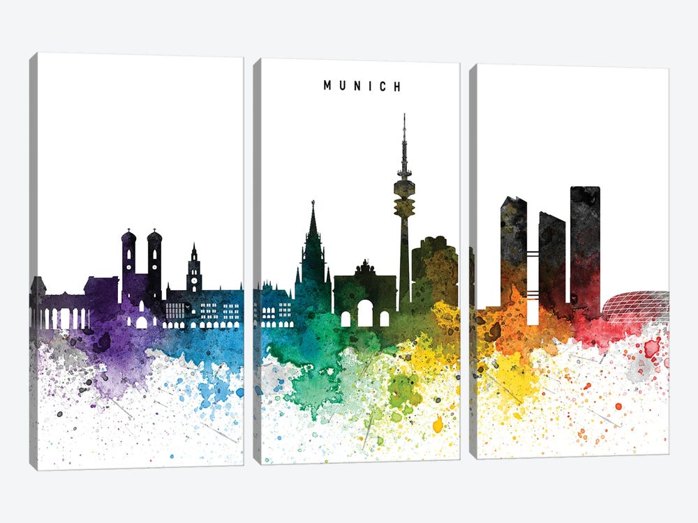 Munich Skyline, Rainbow Style by WallDecorAddict 3-piece Canvas Wall Art