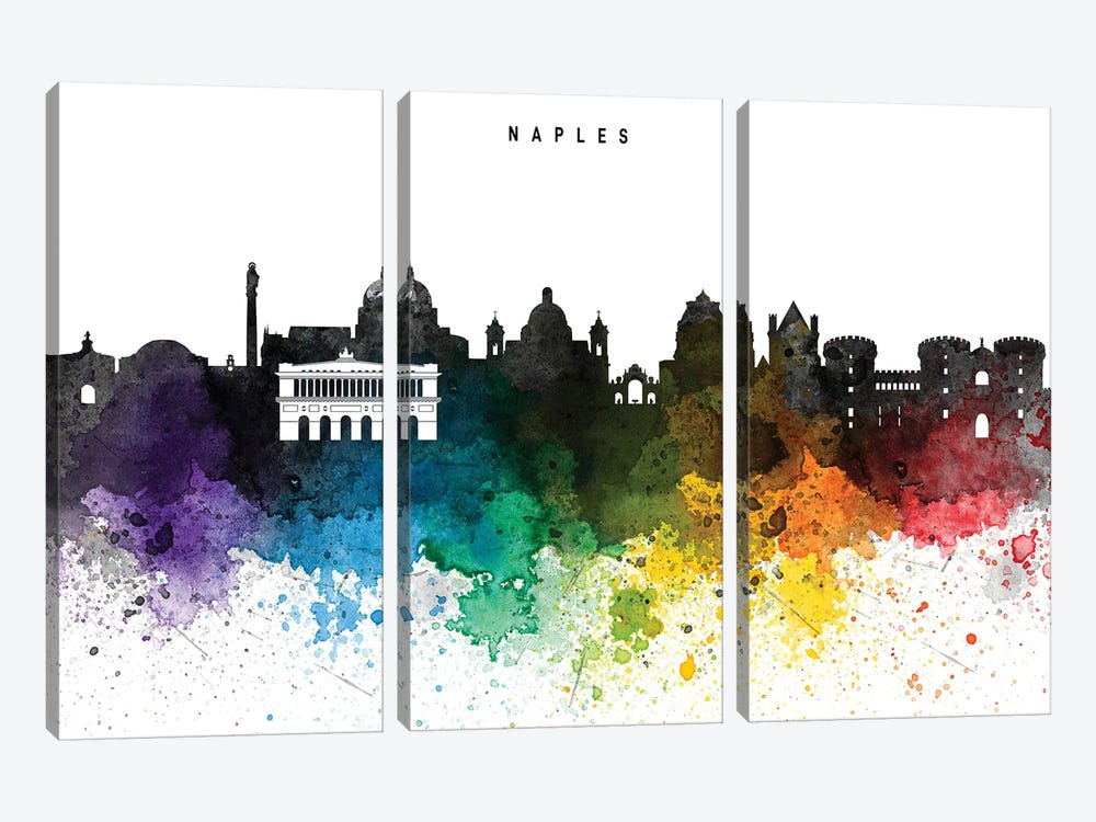 Naples Skyline, Rainbow Style by WallDecorAddict 3-piece Canvas Art Print
