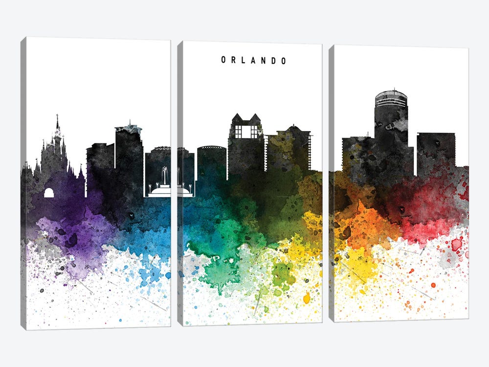 Orlando Skyline, Rainbow Style by WallDecorAddict 3-piece Art Print