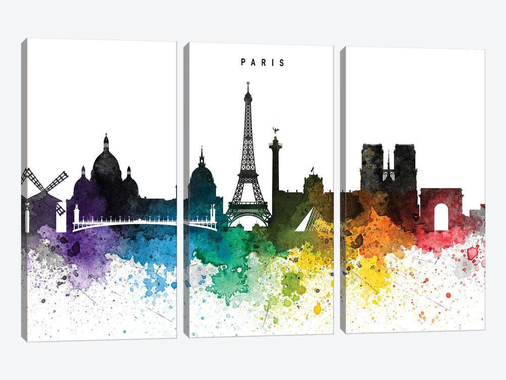 Paris Skyline, Rainbow Style by WallDecorAddict 3-piece Canvas Artwork