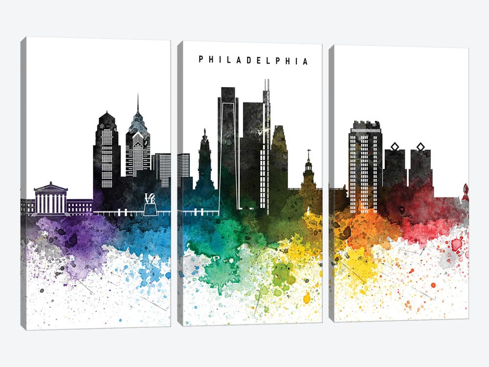 Philadelphia Skyline, Rainbow Style by WallDecorAddict 3-piece Art Print
