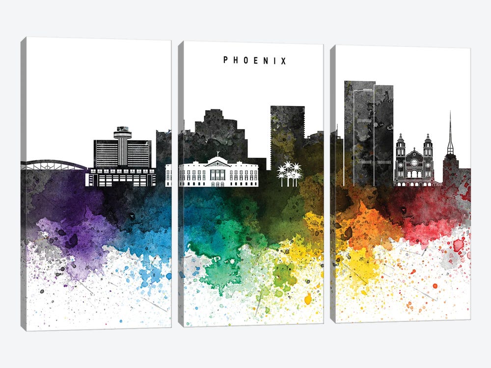 Phoenix Skyline, Rainbow Style by WallDecorAddict 3-piece Canvas Artwork