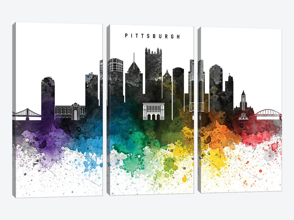 Pittsburgh Skyline, Rainbow Style by WallDecorAddict 3-piece Canvas Print