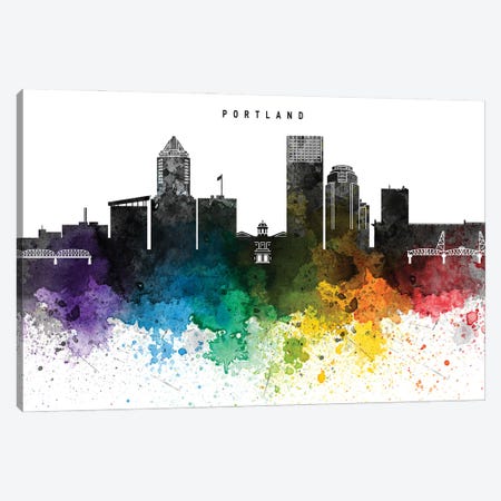 Portland Skyline, Rainbow Style Canvas Print #WDA2539} by WallDecorAddict Canvas Wall Art