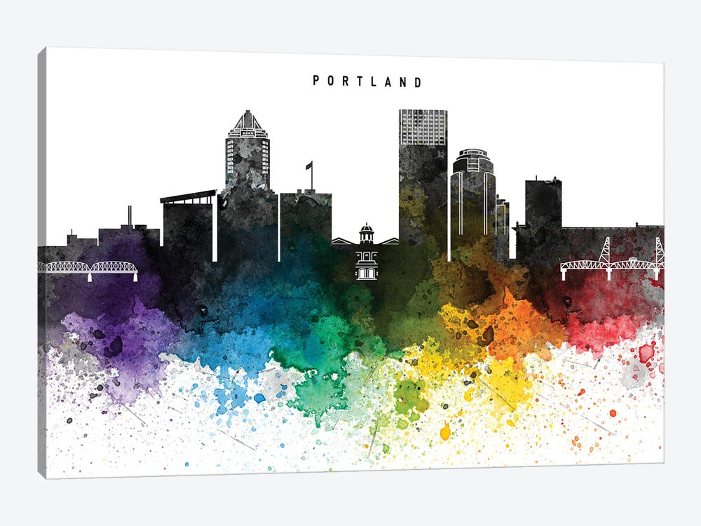 Portland Skyline, Rainbow Style by WallDecorAddict 1-piece Canvas Wall Art