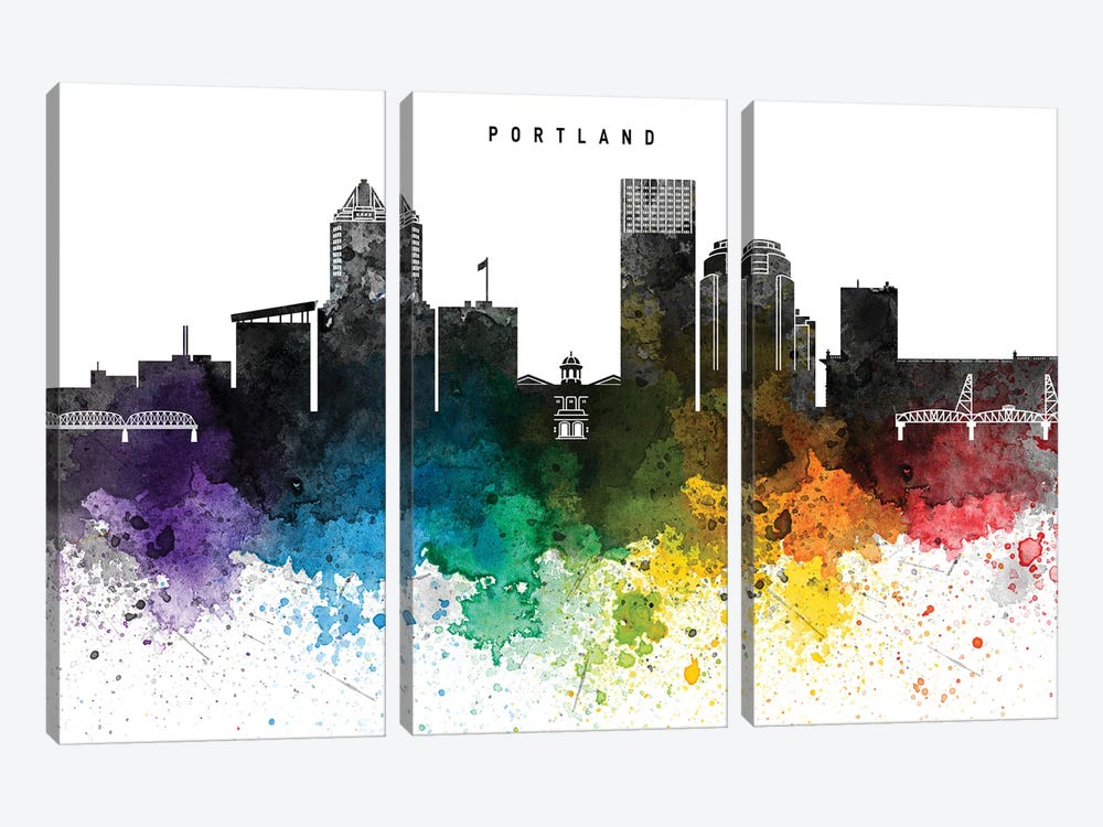 Portland Skyline, Rainbow Style by WallDecorAddict 3-piece Canvas Wall Art