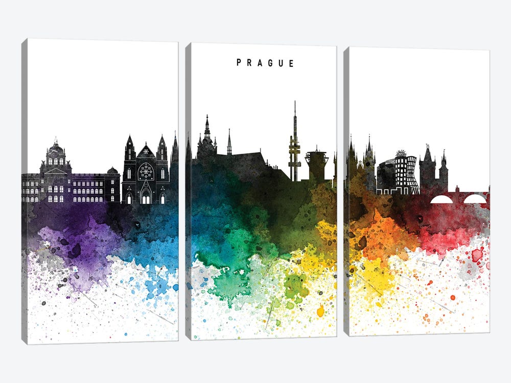 Prague Skyline, Rainbow Style by WallDecorAddict 3-piece Canvas Wall Art