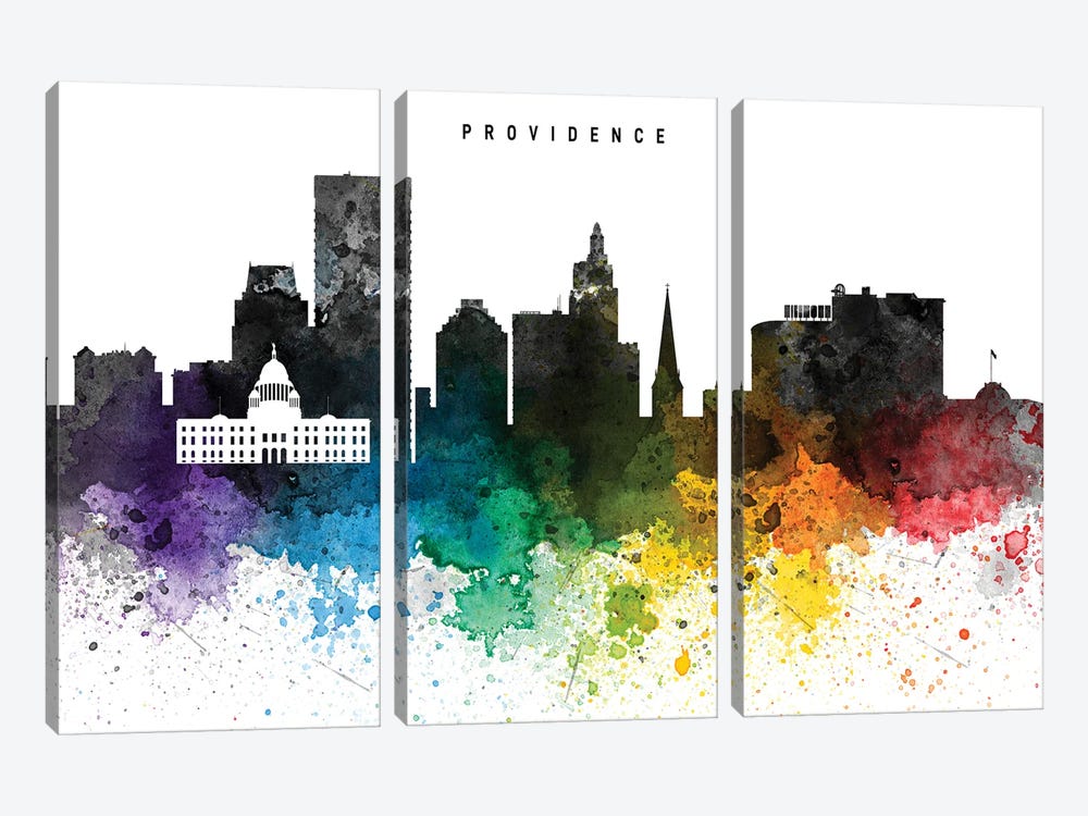 Providence Skyline, Rainbow Style by WallDecorAddict 3-piece Art Print