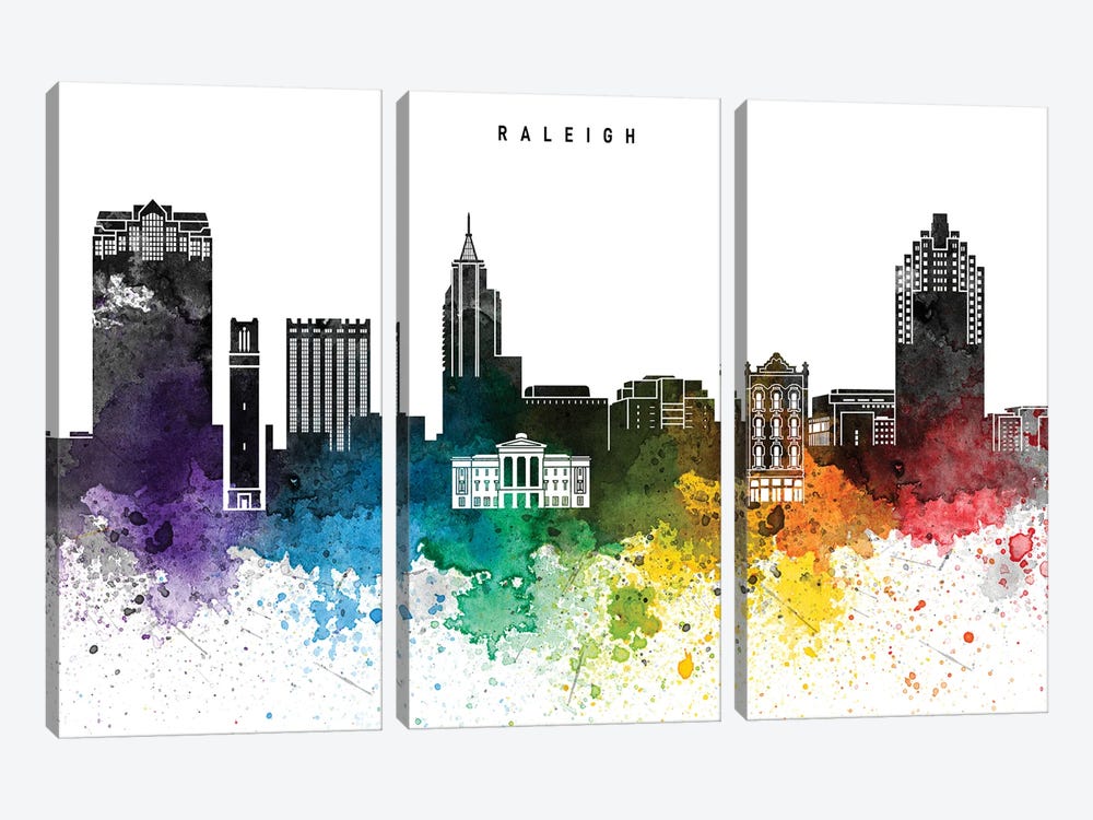 Raleigh Skyline, Rainbow Style by WallDecorAddict 3-piece Art Print