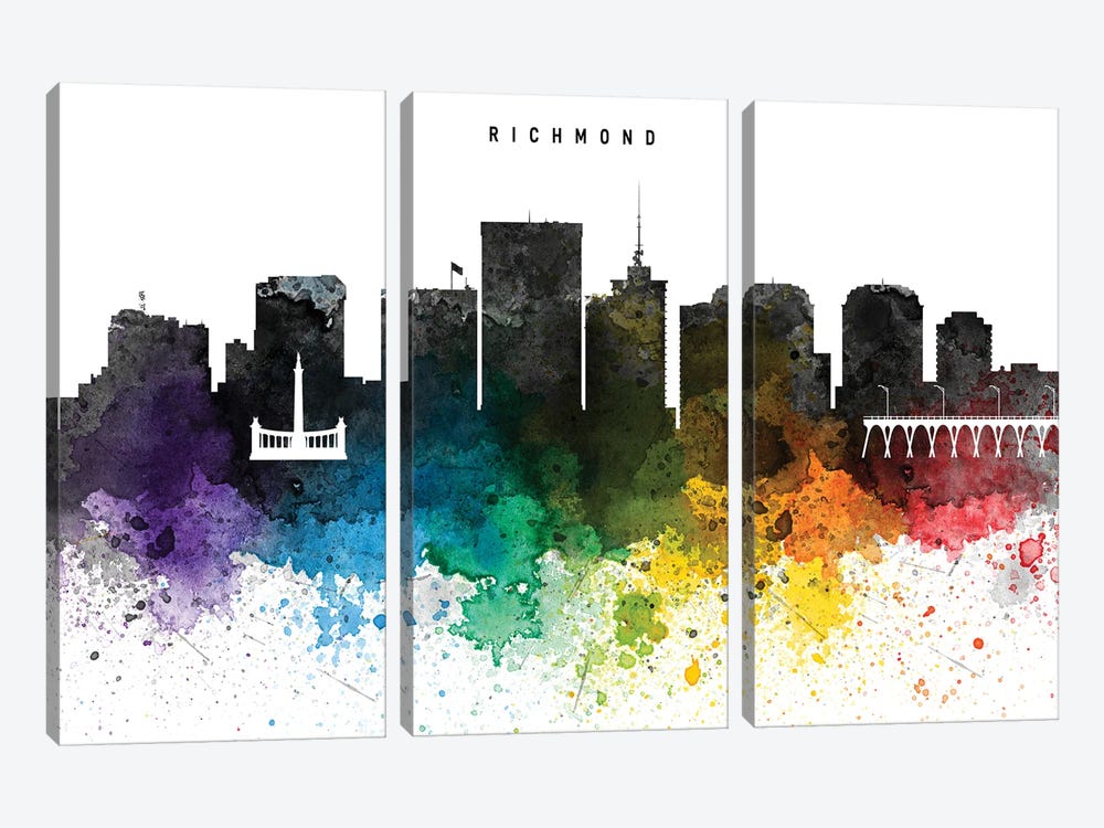 Richmond Skyline, Rainbow Style by WallDecorAddict 3-piece Canvas Wall Art