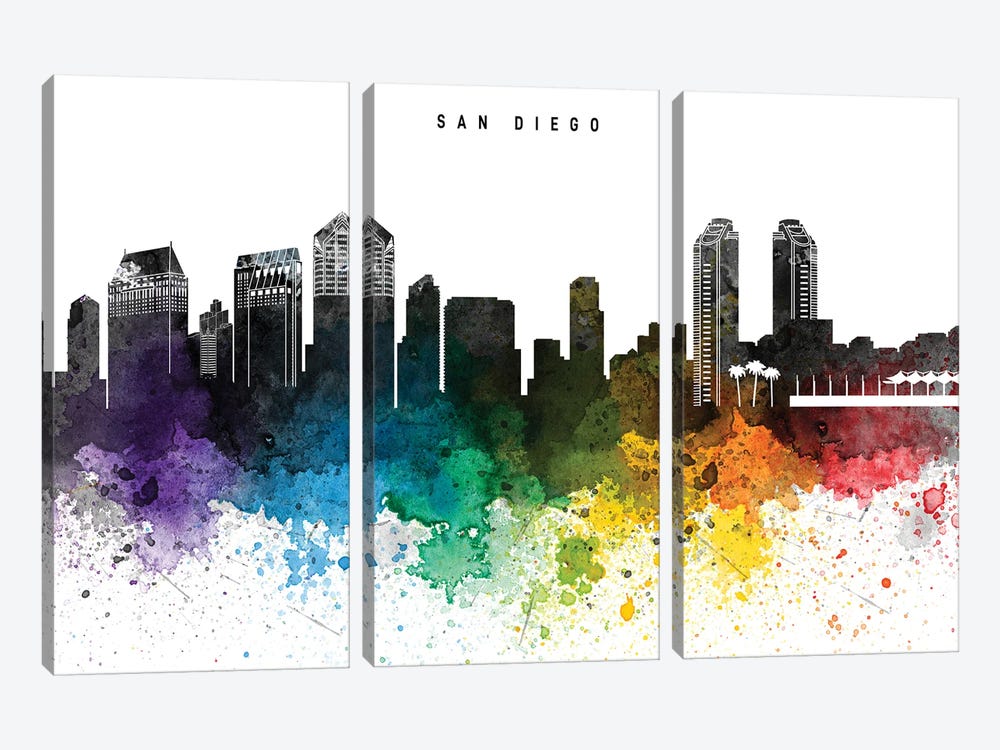 San Diego Skyline, Rainbow Style by WallDecorAddict 3-piece Canvas Wall Art