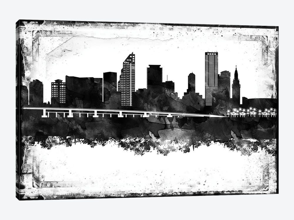 Miami Black And White Framed Skylines by WallDecorAddict 1-piece Canvas Print