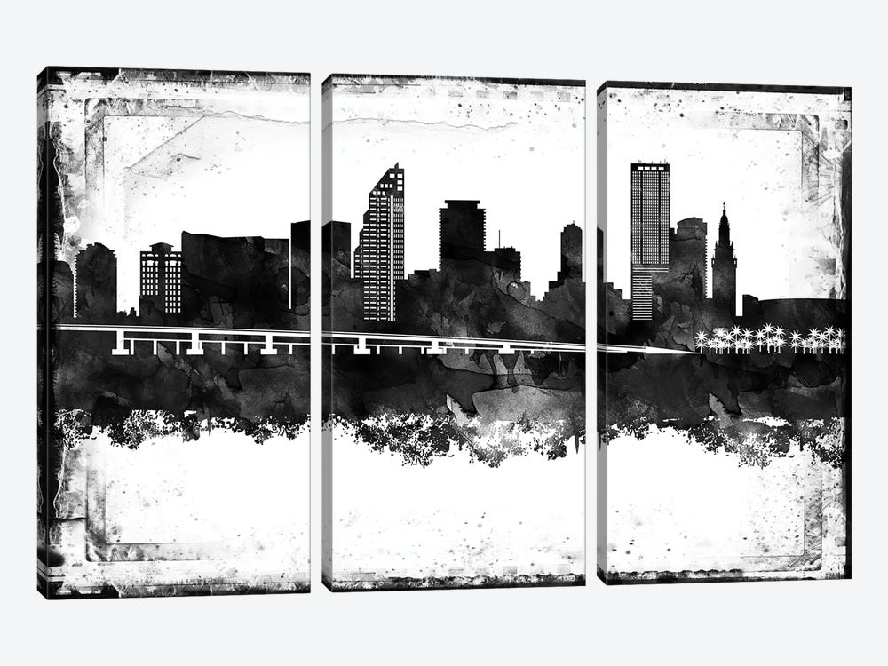 Miami Black And White Framed Skylines by WallDecorAddict 3-piece Canvas Art Print