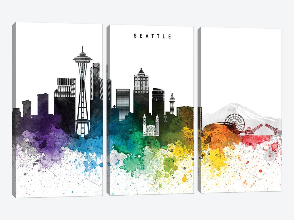 Seattle Skyline, Rainbow Style by WallDecorAddict 3-piece Canvas Print