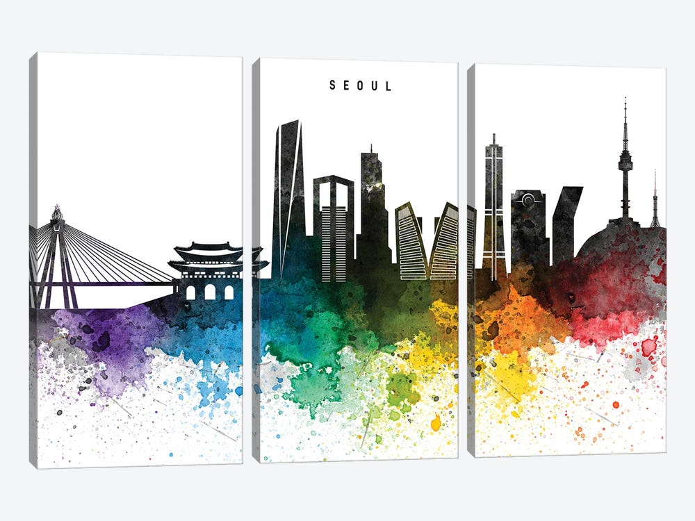 Seoul Skyline, Rainbow Style by WallDecorAddict 3-piece Canvas Wall Art