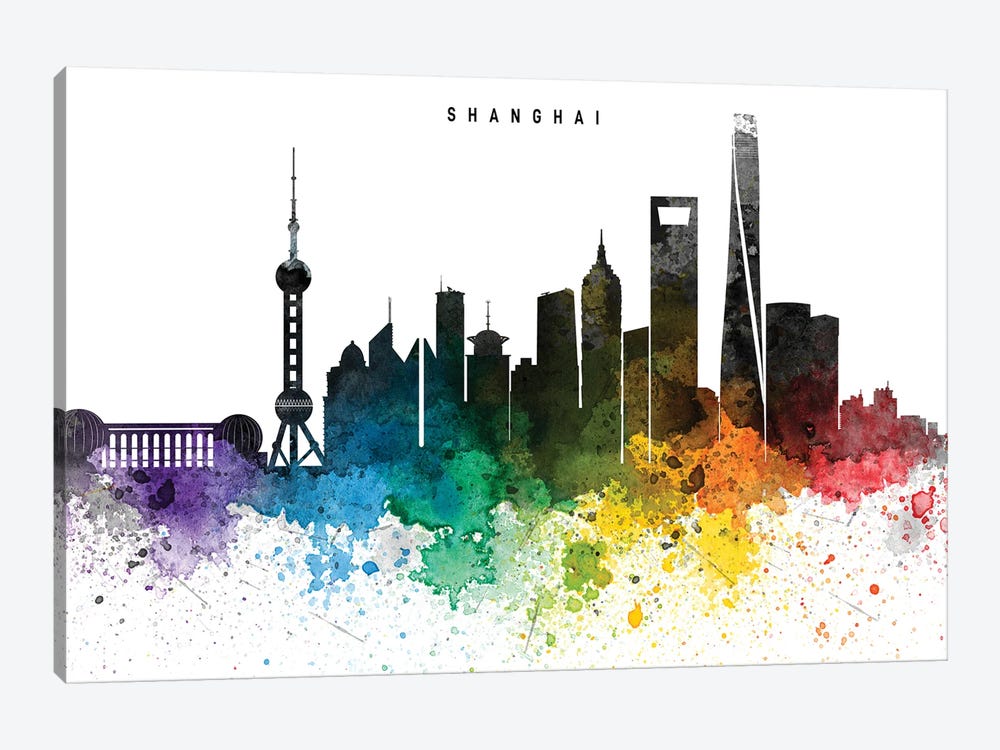 Shanghai Skyline, Rainbow Style by WallDecorAddict 1-piece Canvas Art Print