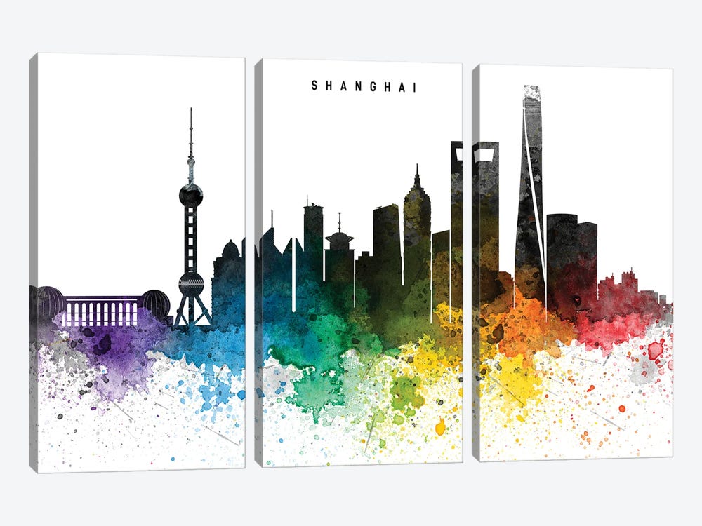 Shanghai Skyline, Rainbow Style by WallDecorAddict 3-piece Canvas Print