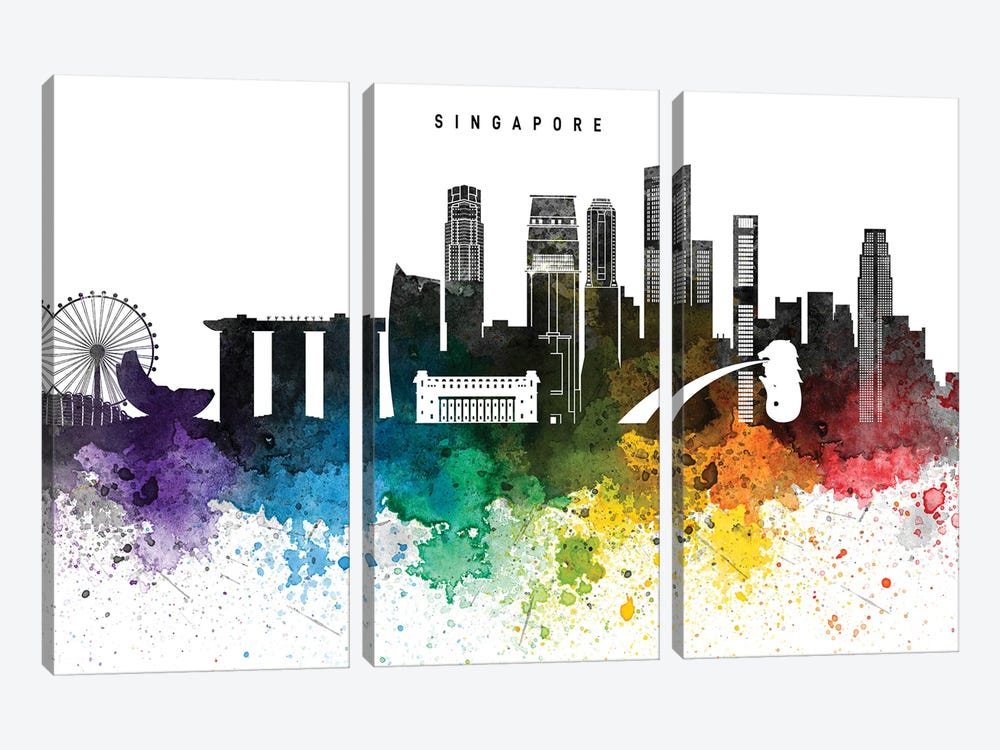 Singapore Skyline, Rainbow Style by WallDecorAddict 3-piece Canvas Art