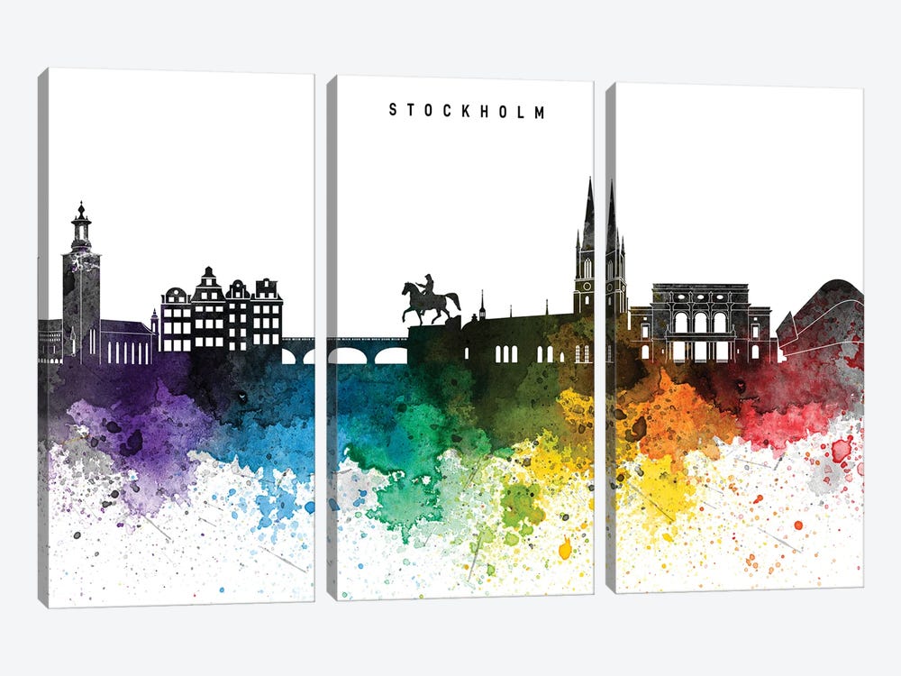 Stockholm Skyline, Rainbow Style by WallDecorAddict 3-piece Canvas Art Print
