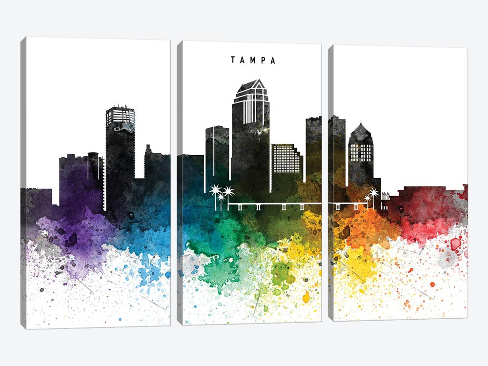 Tampa Skyline, Rainbow Style by WallDecorAddict 3-piece Canvas Art