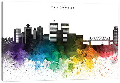 Vancouver Skyline, Rainbow Style Canvas Art Print - WallDecorAddict