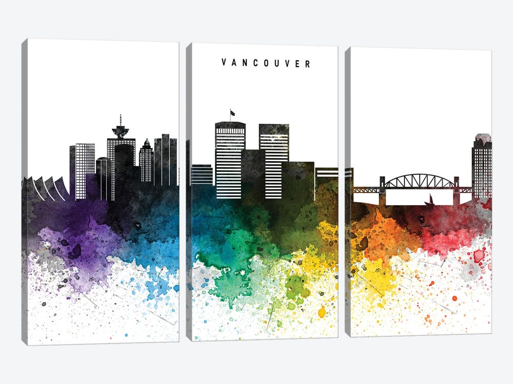 Vancouver Skyline, Rainbow Style by WallDecorAddict 3-piece Canvas Art Print
