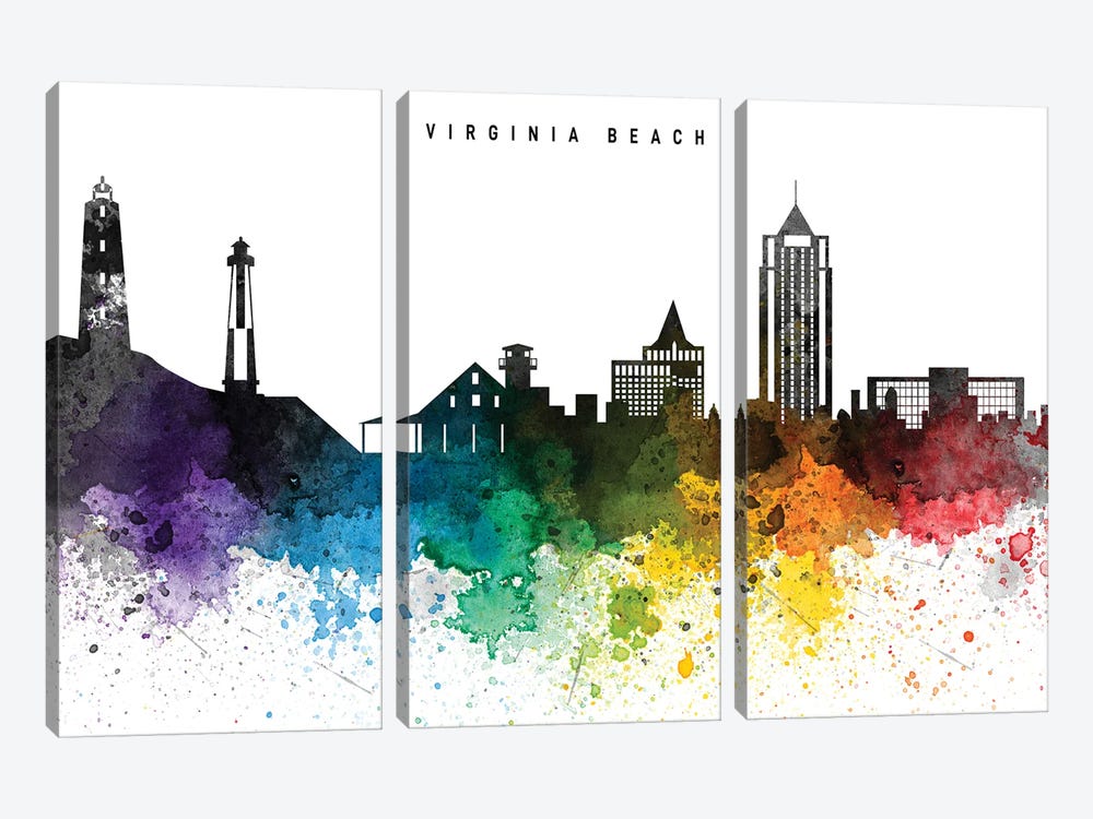Virginia Beach Skyline, Rainbow Style by WallDecorAddict 3-piece Canvas Print