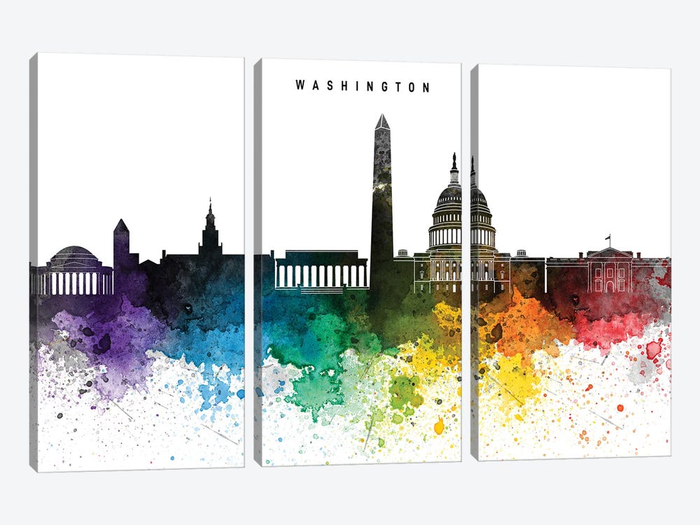 Washington Skyline, Rainbow Style by WallDecorAddict 3-piece Canvas Art