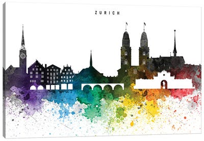Zurich Skyline, Rainbow Style Canvas Art Print - Switzerland Art