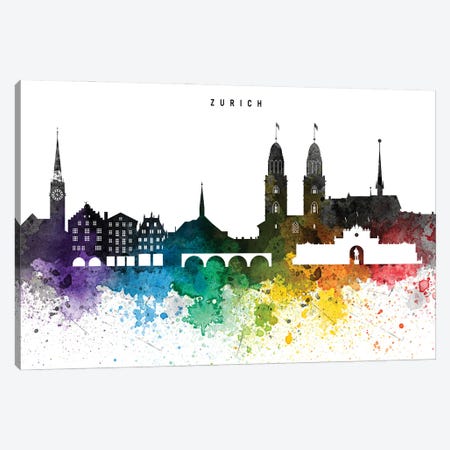 Zurich Skyline, Rainbow Style Canvas Print #WDA2564} by WallDecorAddict Canvas Artwork