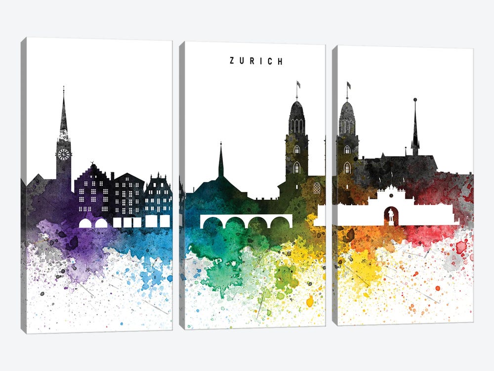 Zurich Skyline, Rainbow Style by WallDecorAddict 3-piece Canvas Artwork