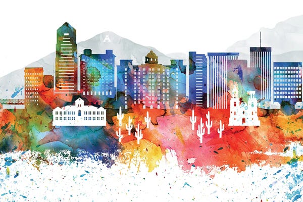 WallDecorAddict: Tucson Skyline Watercolor by WallDecorAddict