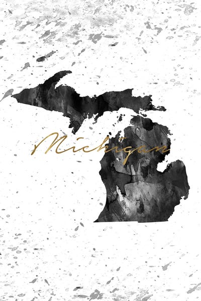 Large Map Art - Canvas Prints: Michigan Black And White Gold by WallDecorAddict