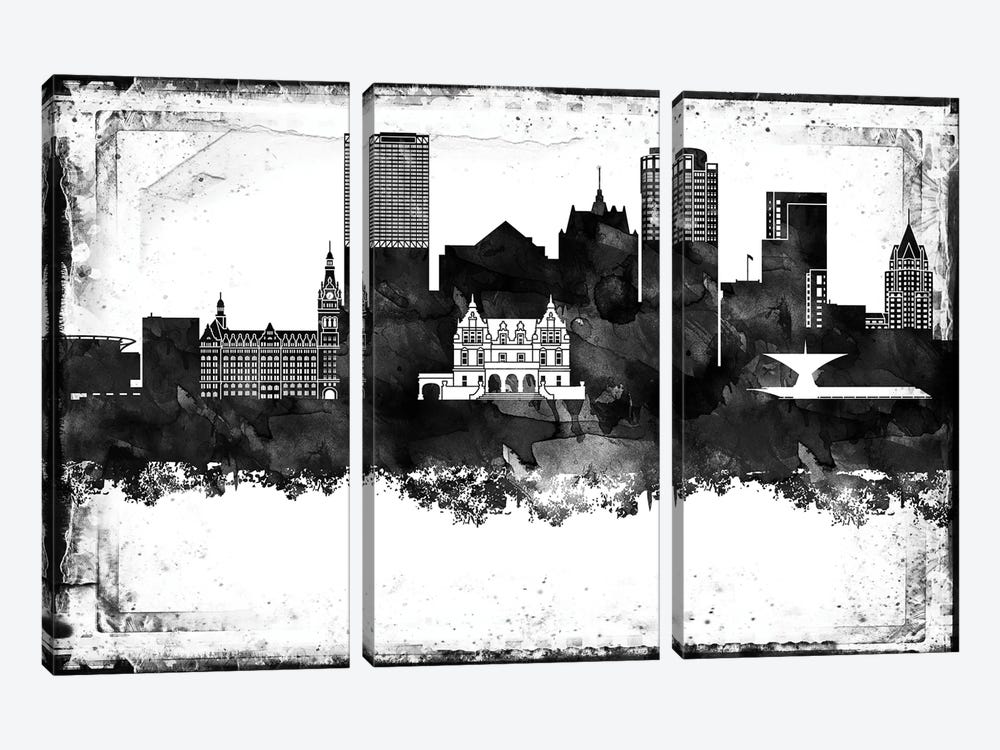 Milwaukee Black And White Framed Skylines by WallDecorAddict 3-piece Canvas Print