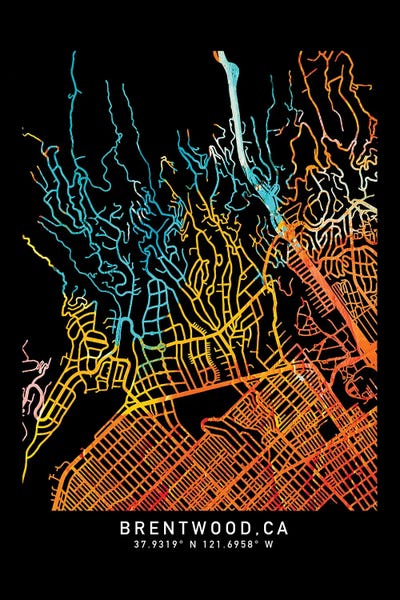 Brentwood, CA, City Map, Shade Of Orange by WallDecorAddict art print