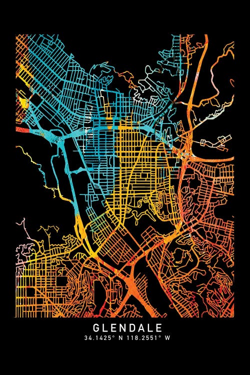 Glendale, CA, City Map, Shade Of Orange by WallDecorAddict wall art