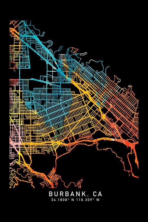 Burbank, CA, City Map, Shade Of Orange by WallDecorAddict wall art