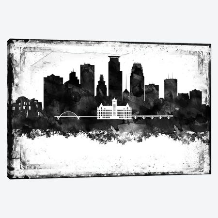 Minneapolis Black And White Framed Skylines Canvas Print #WDA267} by WallDecorAddict Canvas Art