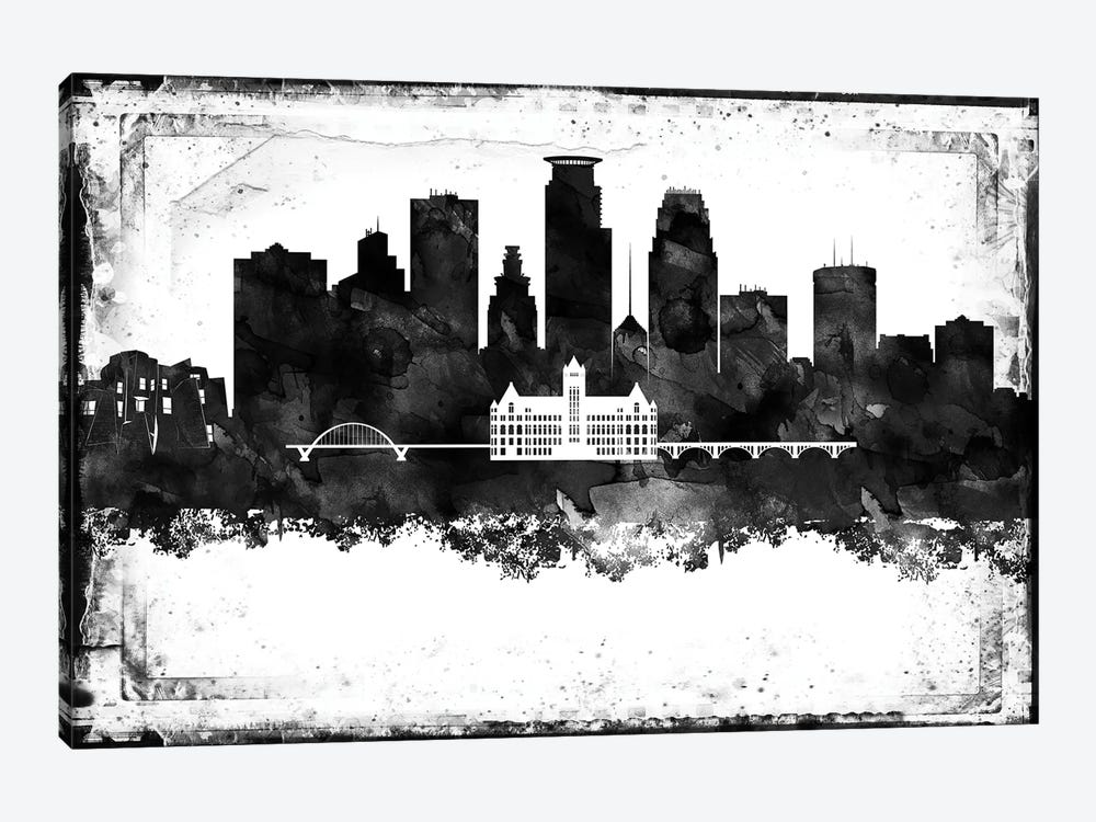Minneapolis Black And White Framed Skylines by WallDecorAddict 1-piece Art Print