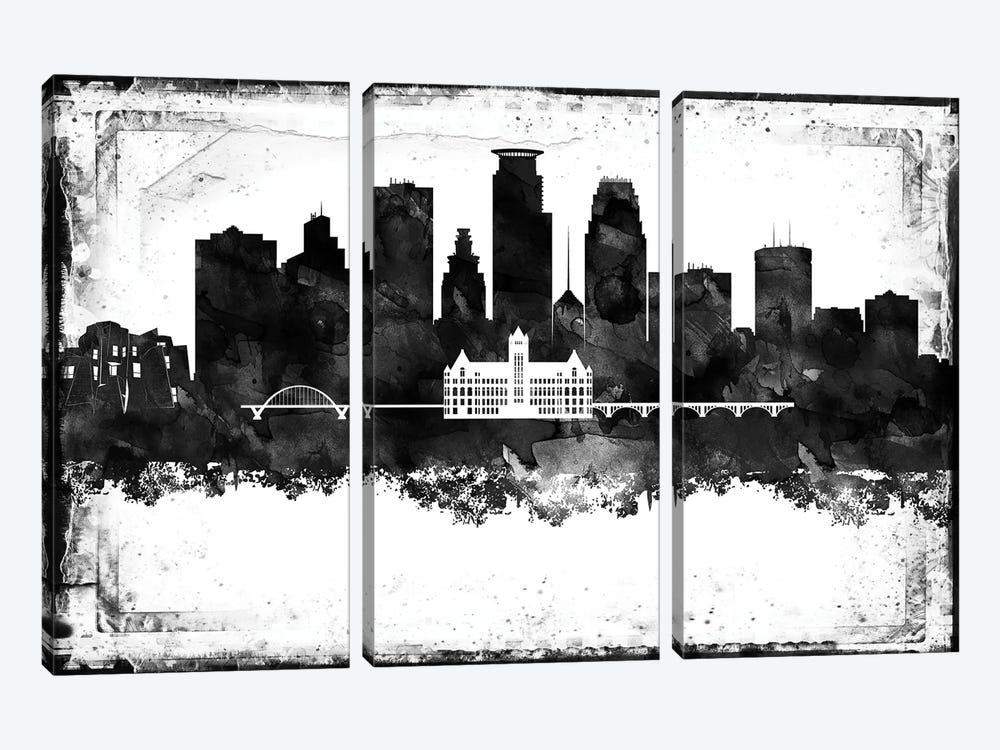 Minneapolis Black And White Framed Skylines by WallDecorAddict 3-piece Art Print