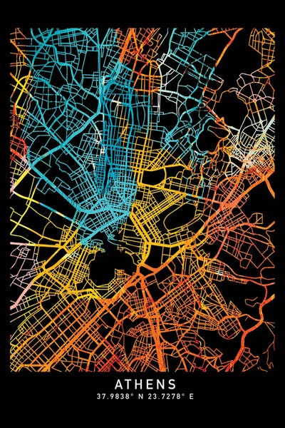 Athens City Map, Shade Of Orange by WallDecorAddict framed canvas print