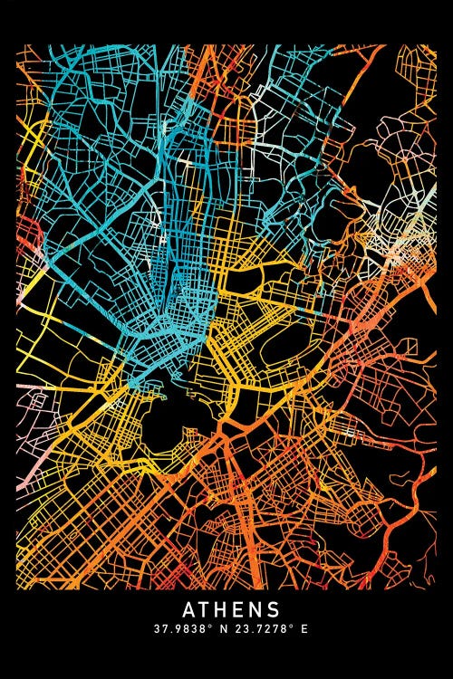 Athens City Map, Shade Of Orange by WallDecorAddict wall art